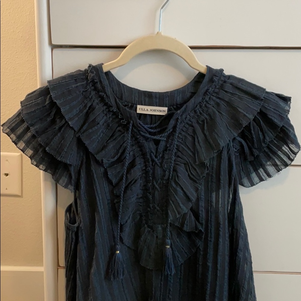 Ulla Johnson Navy Blue Ruffled Short Sleeve Blouse